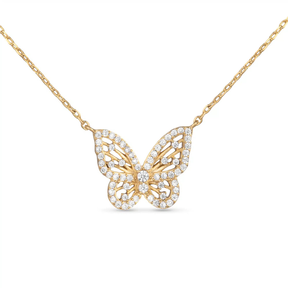Delicate gold butterfly necklace featuring shimmering cubic zirconia accents on a fine chain.