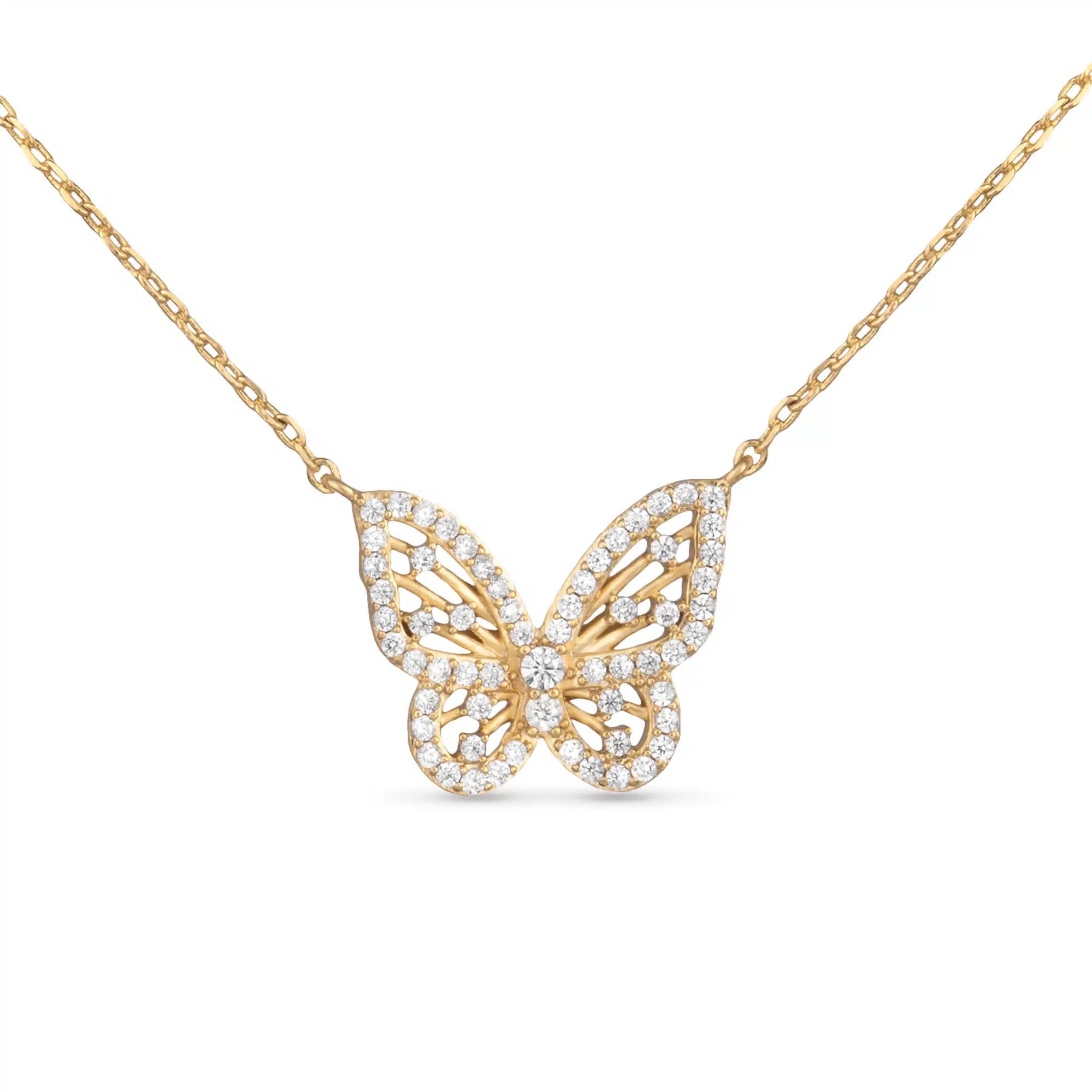 Delicate gold butterfly necklace featuring shimmering cubic zirconia accents on a fine chain.