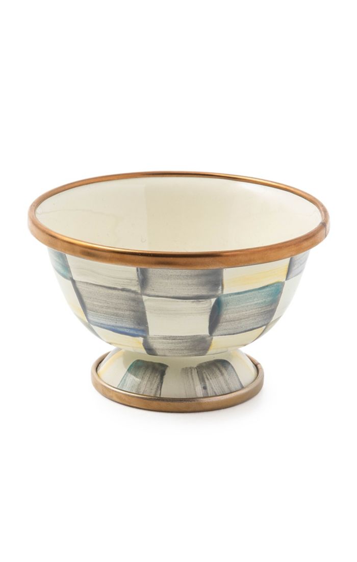 Sterling Check Enamel Little Sugar Bowl with hand-painted grey and white checks and bronze trim.