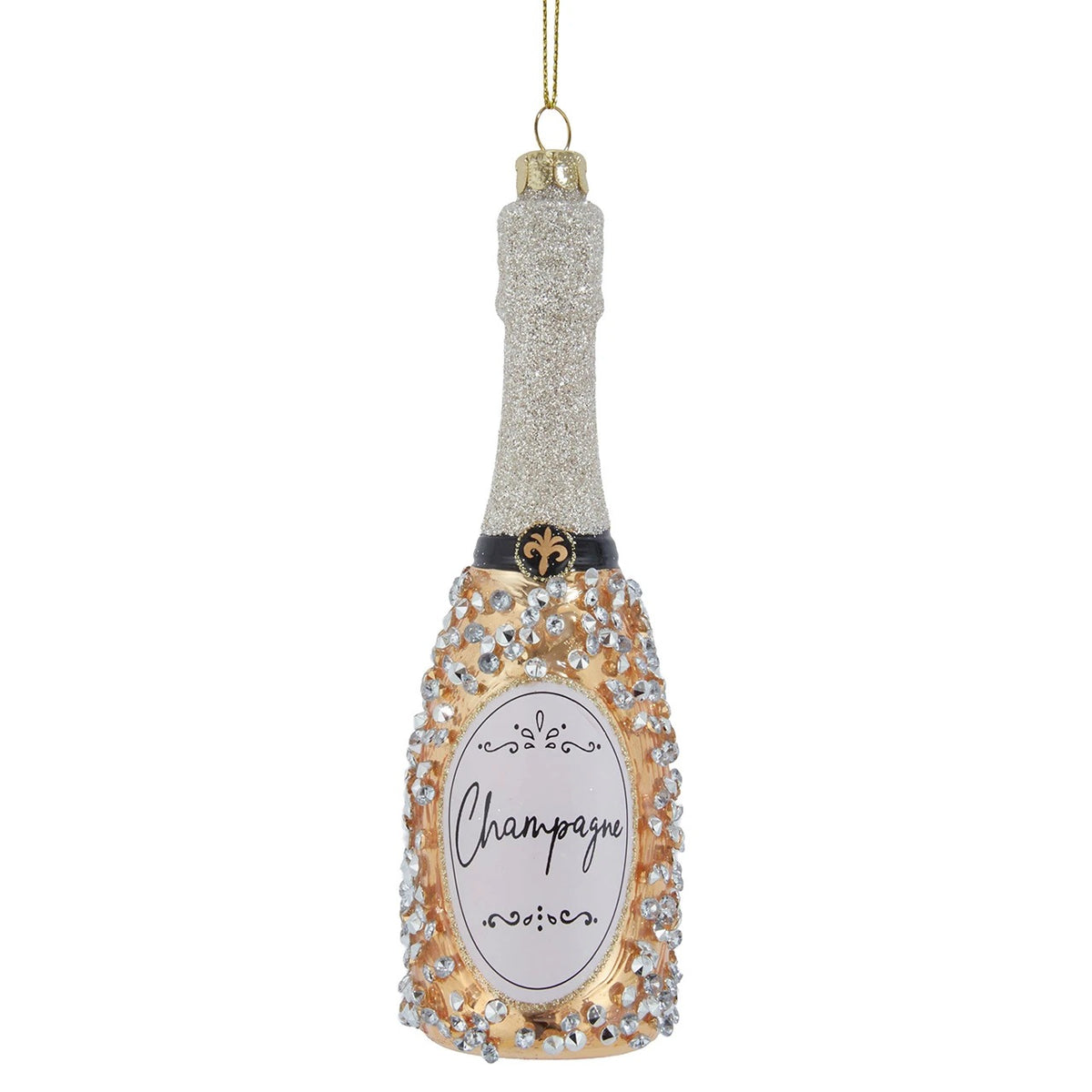Glass champagne bottle ornament with gold glitter base, silver glitter neck, and jewel accents.