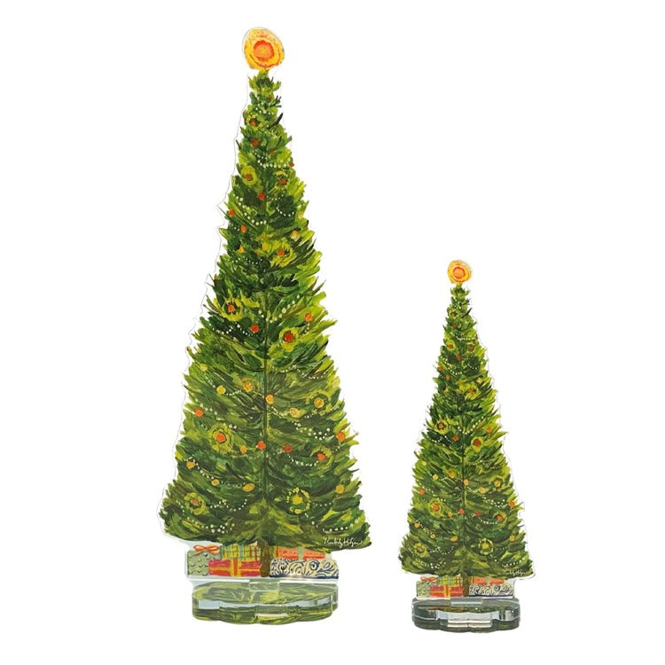 Blue spruce acrylic single holiday tree with realistic branch texture displayed in a vase.
