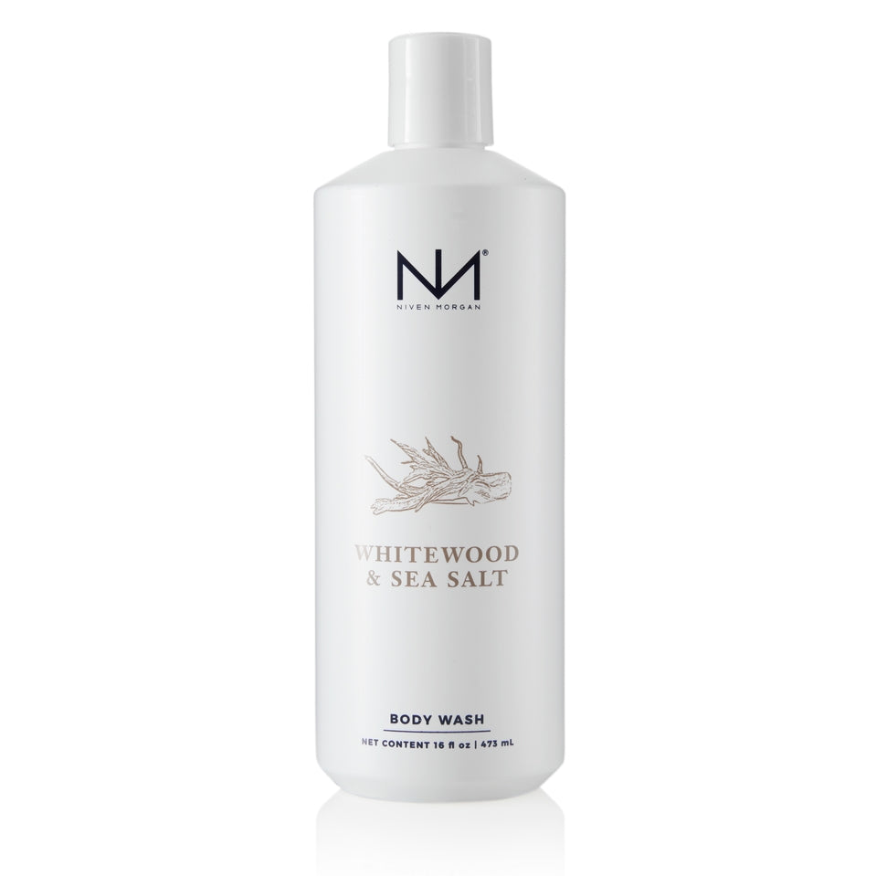 Niven Morgan Whitewood & Sea Salt Body Wash in a 16 fl oz white bottle.