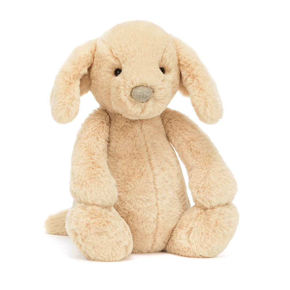Bashful Luxe Puppy Orlando plush toy in soft honey fur with a glittery nose and floppy ears.