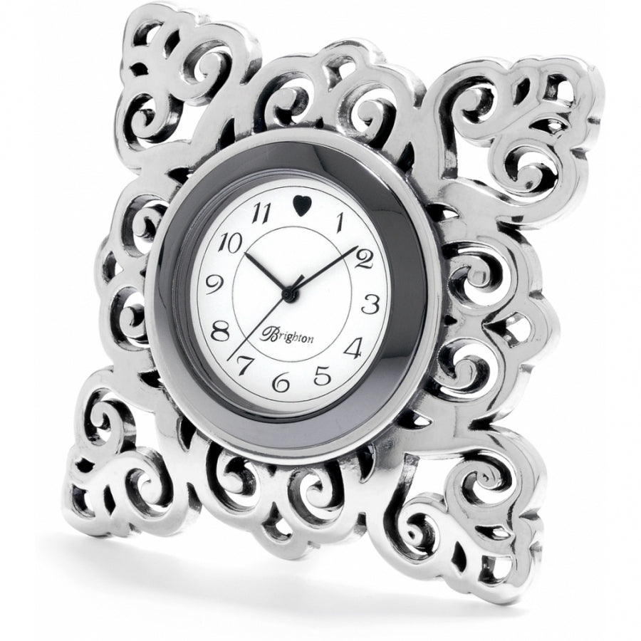 Geneva Clock with silver plated ornate scrollwork frame and white face featuring Brighton logo.