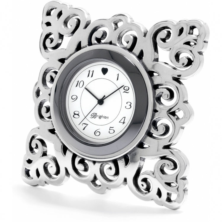 Geneva Clock with silver plated ornate scrollwork frame and white face featuring Brighton logo.