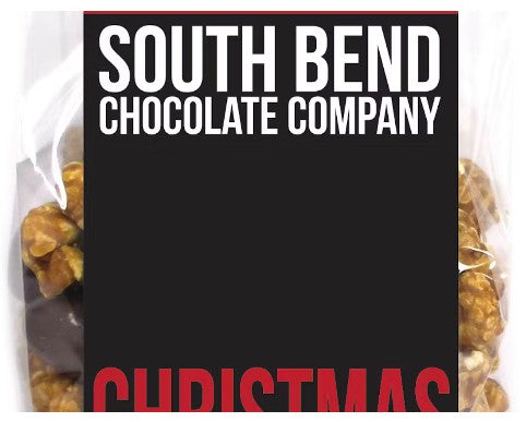 South Bend Chocolate Company Christmas Crunch popcorn with chocolate coating.