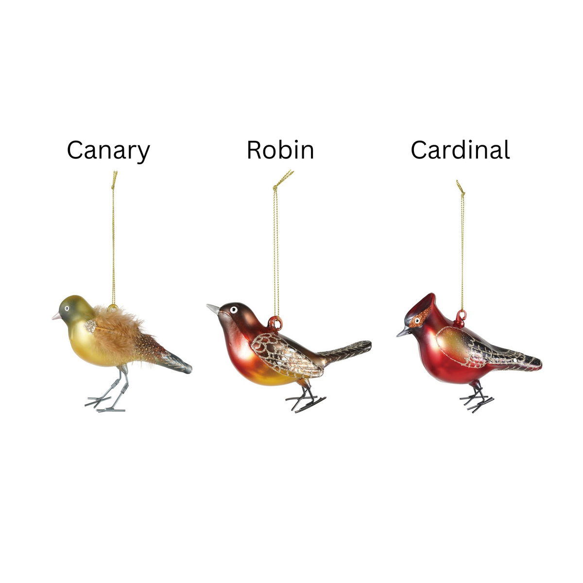 Three hand-painted glass bird ornaments: a yellow Canary, a brown Robin, and a red Cardinal.