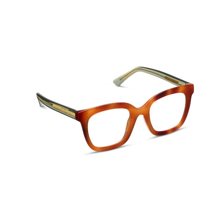 Polycarbonate eyeglasses with spring hinges in a clear frame featuring blue light filtering lenses.