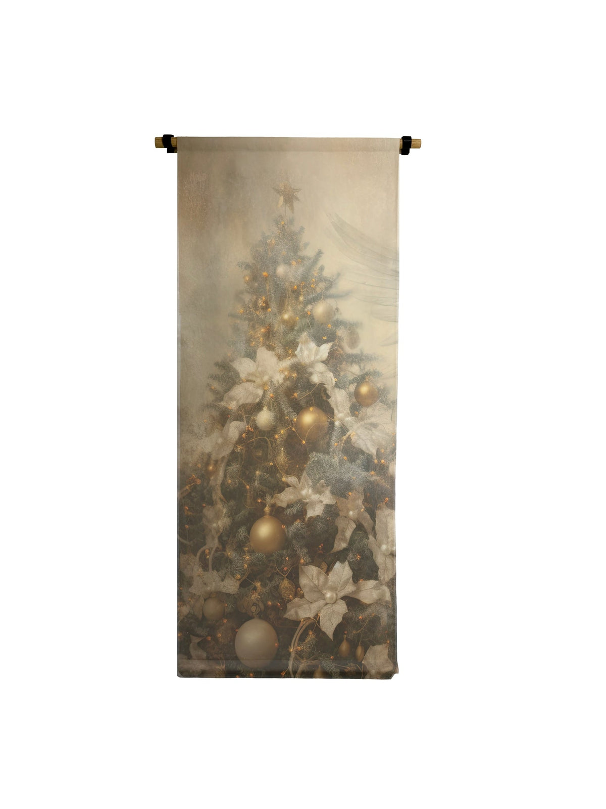 Vertical canvas scroll featuring a neutral-toned Christmas tree with gold ornaments and white flowers