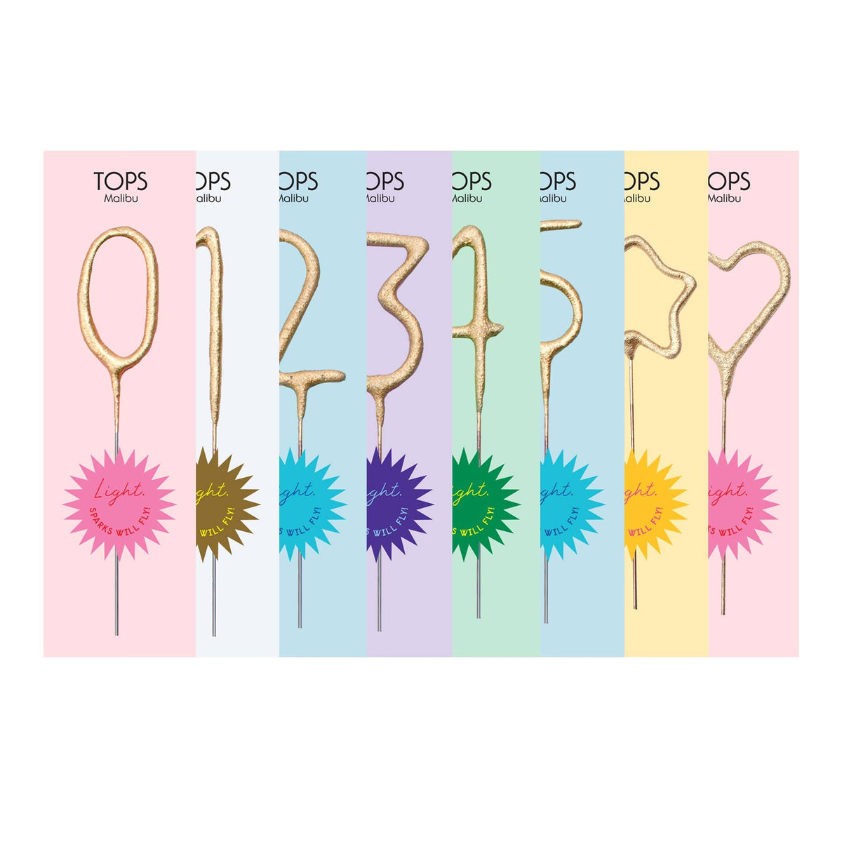 Mini gold sparklers in shapes of numbers 0-4, a question mark, a star, and a heart.