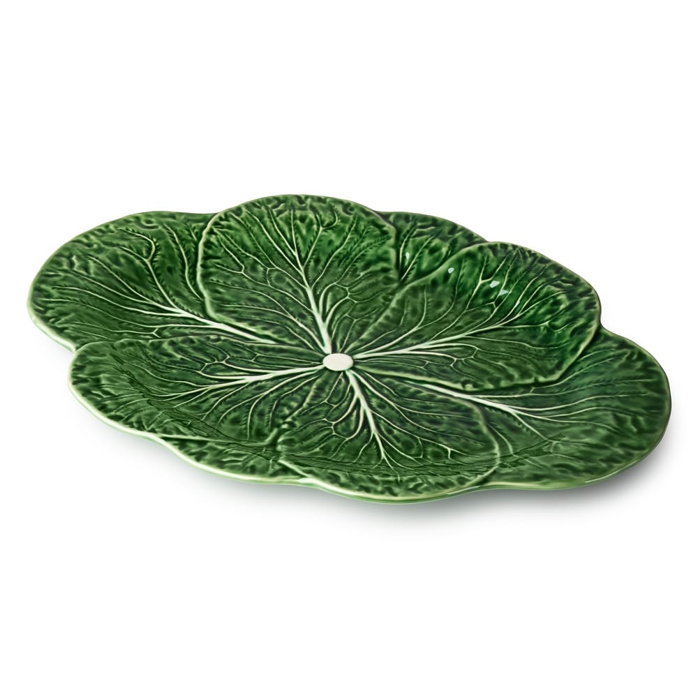 Glossy green stoneware oval platter sculpted with rippled cabbage leaf texture.