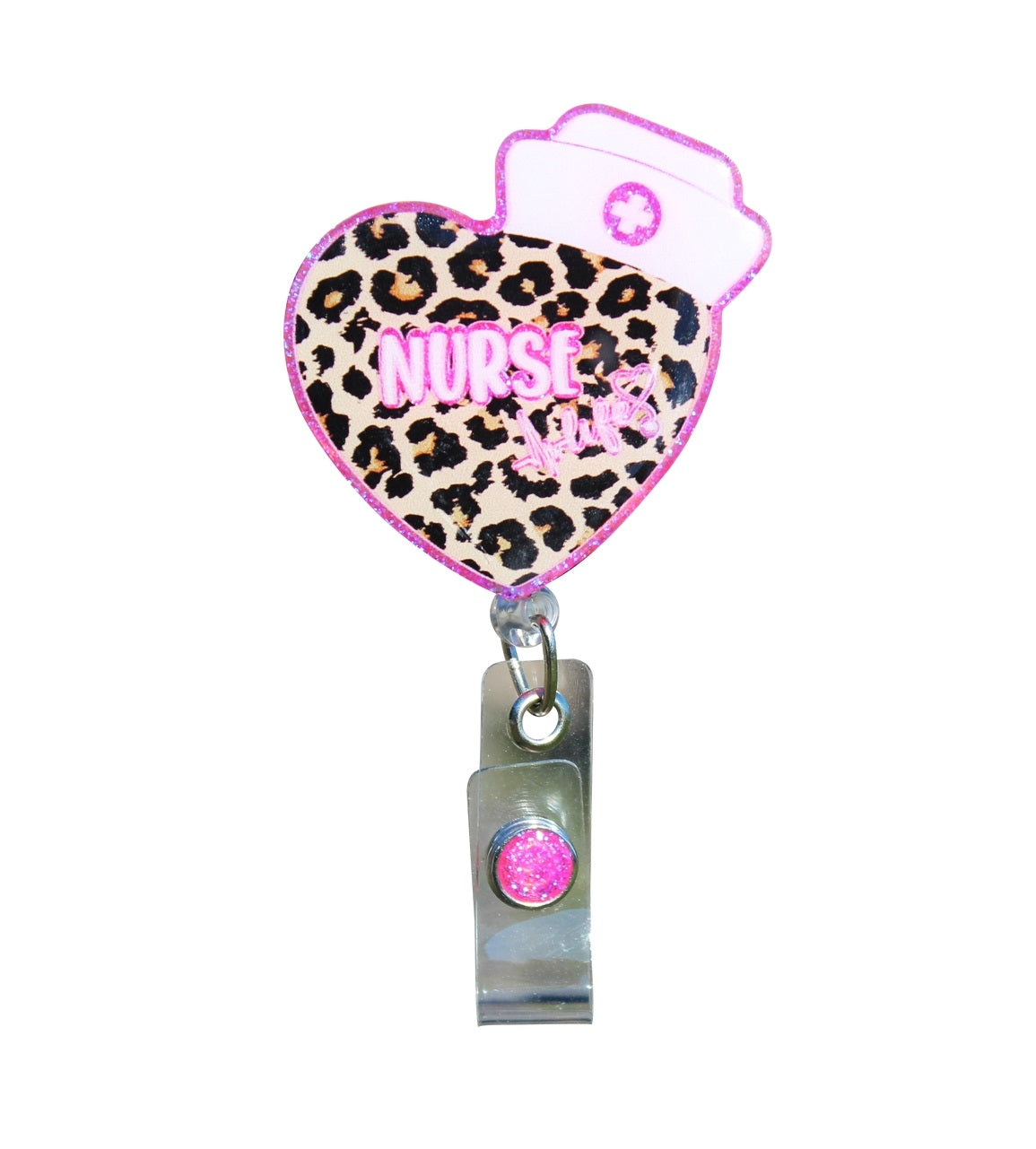 Glitterific Badge Reel with glitter resin badge on a black alligator clip.