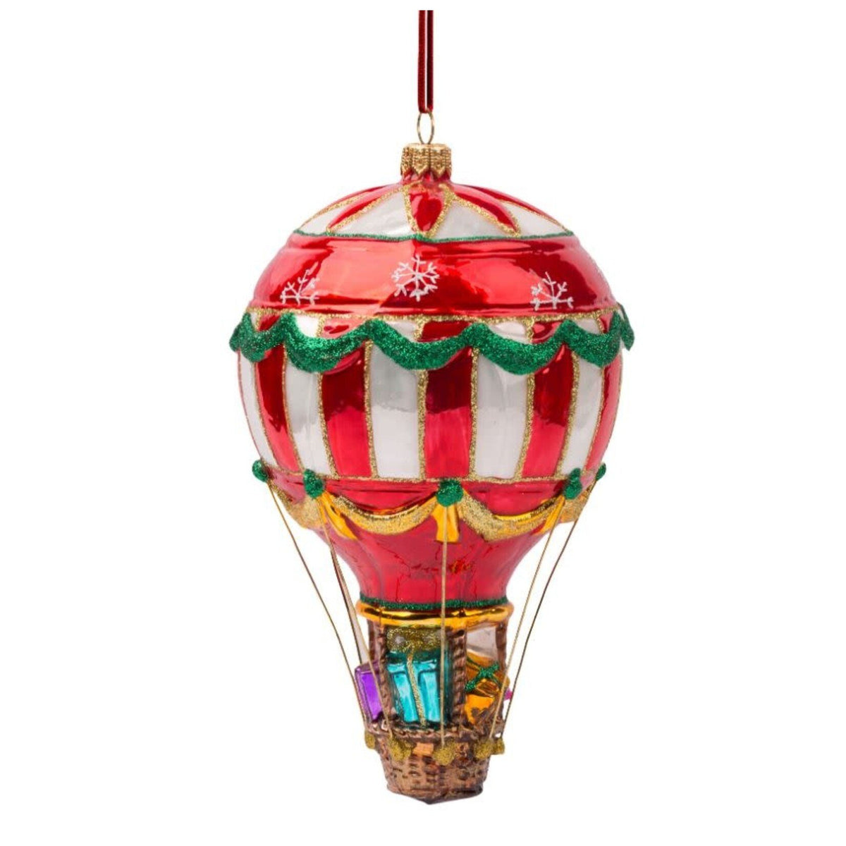Red and white striped glass hot air balloon Christmas ornament with a basket full of gifts.