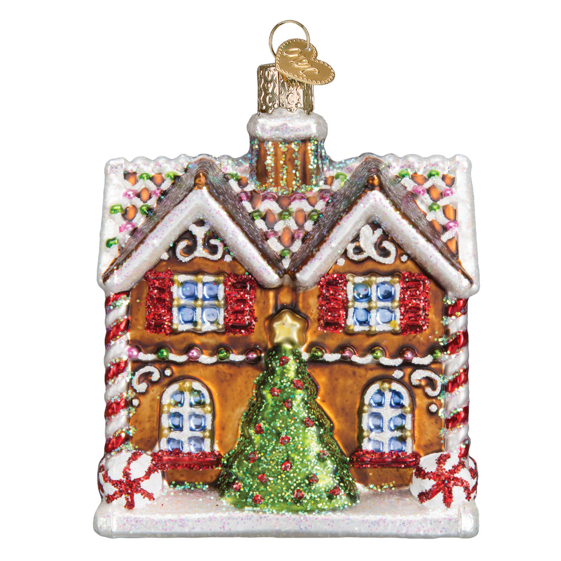 Glass gingerbread cottage ornament with red shutters, candy cane trim, and a green Christmas tree.