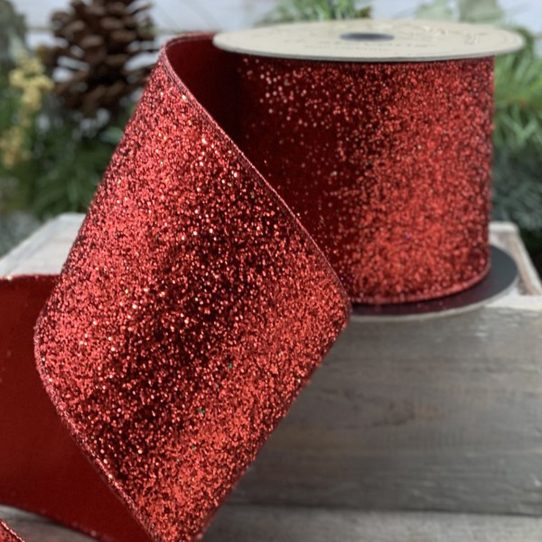4-inch wide metallic glitter faux dupion back fabric in bright red