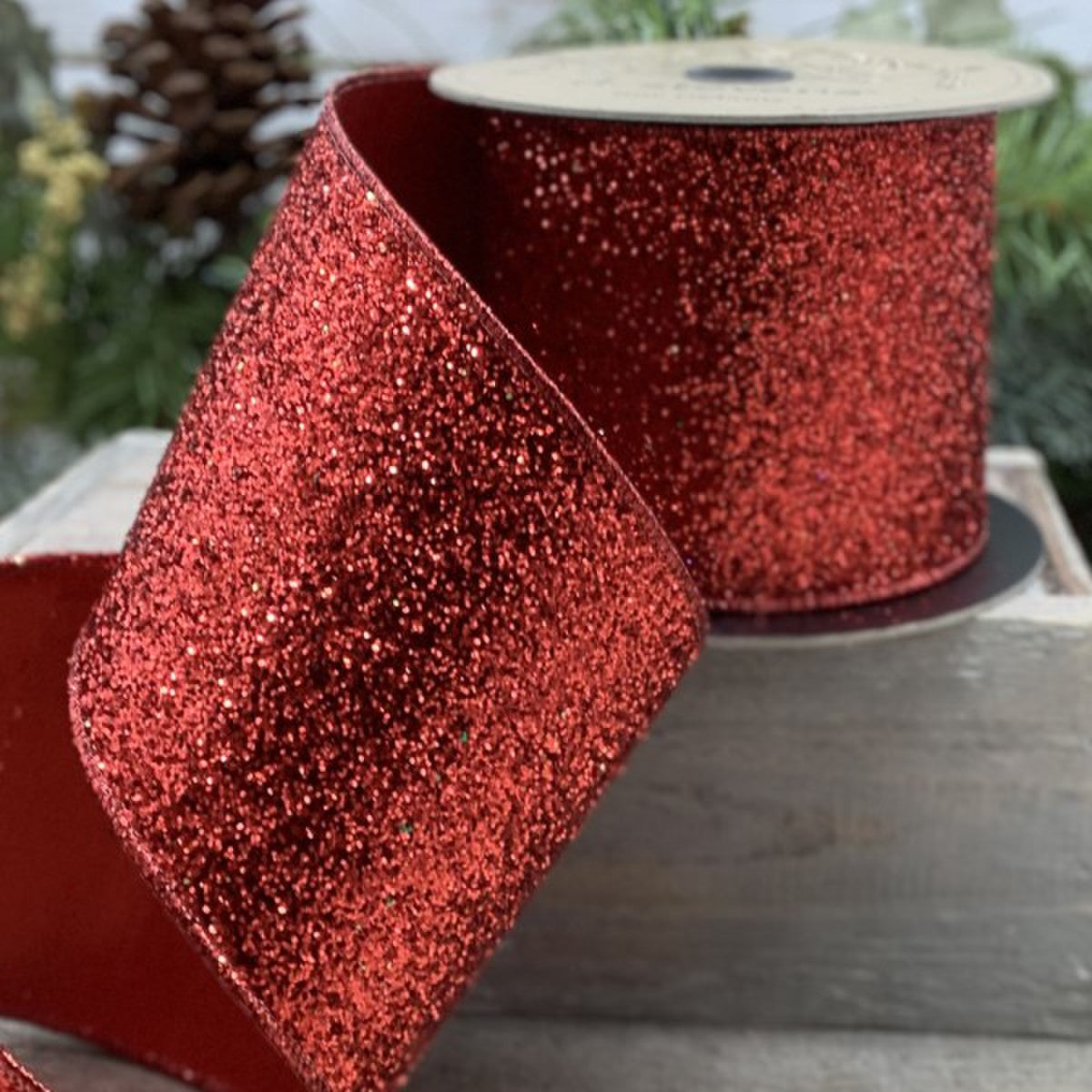 4-inch wide metallic glitter faux dupion back fabric in bright red