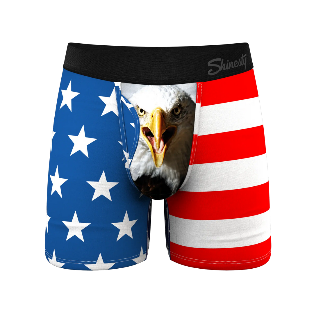 American flag print hammock pouch underwear with a bald eagle graphic on the fly.