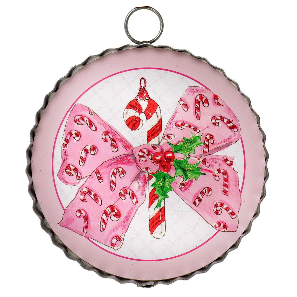 Beck's Vintage Candy Cane Bow in red with white stripes hanging from a gold hook