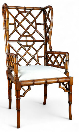 Walnut finish bamboo wingback chair with curved armrests