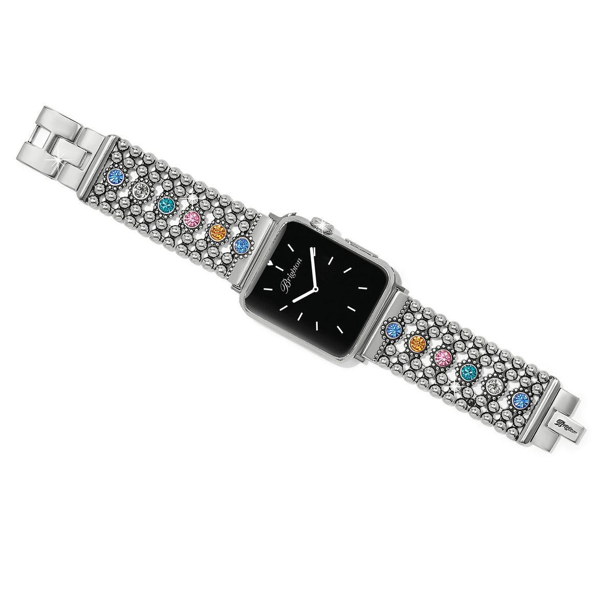 Silver plated multi watch band with fold-over clasp featuring fine quality crystals on removable links.