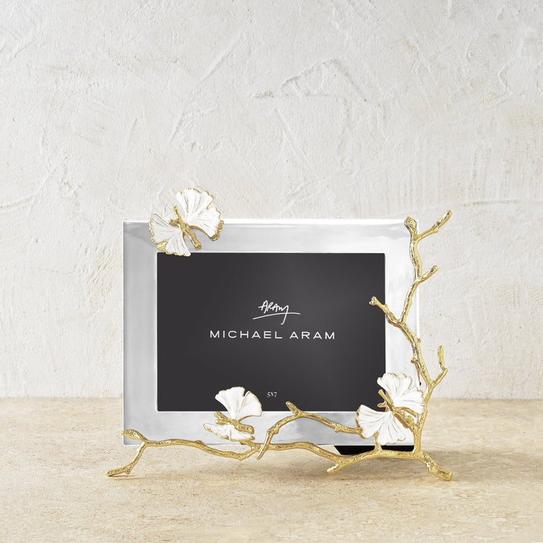 Gold reflective butterfly ginkgo tree frame with white enamel accents