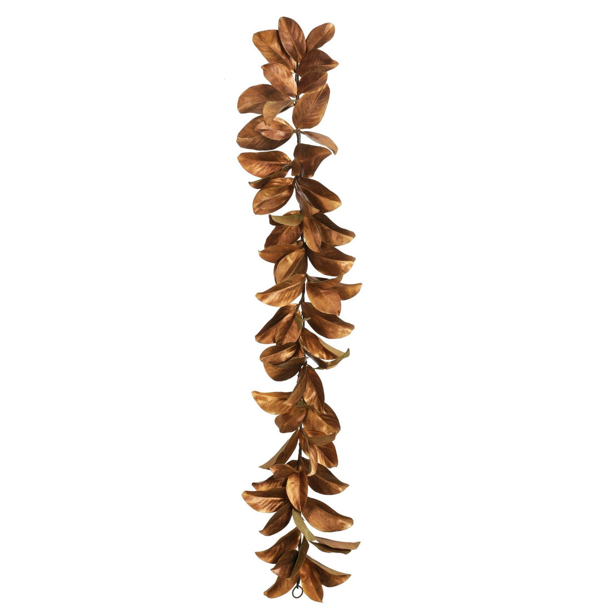 5-foot faux magnolia leaf garland with metallic bronze-toned foliage on a white background.