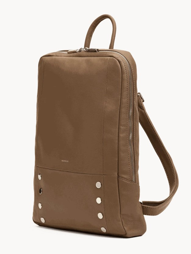 Hammitt Hunter Backpack Large in Dune leather with silver rivets, top handle, and shoulder straps.