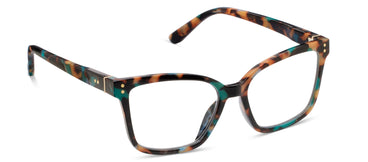 Octavia eyeglasses with gold-accented hinges in a recycled polycarbonate frame and blue light filtering lenses.