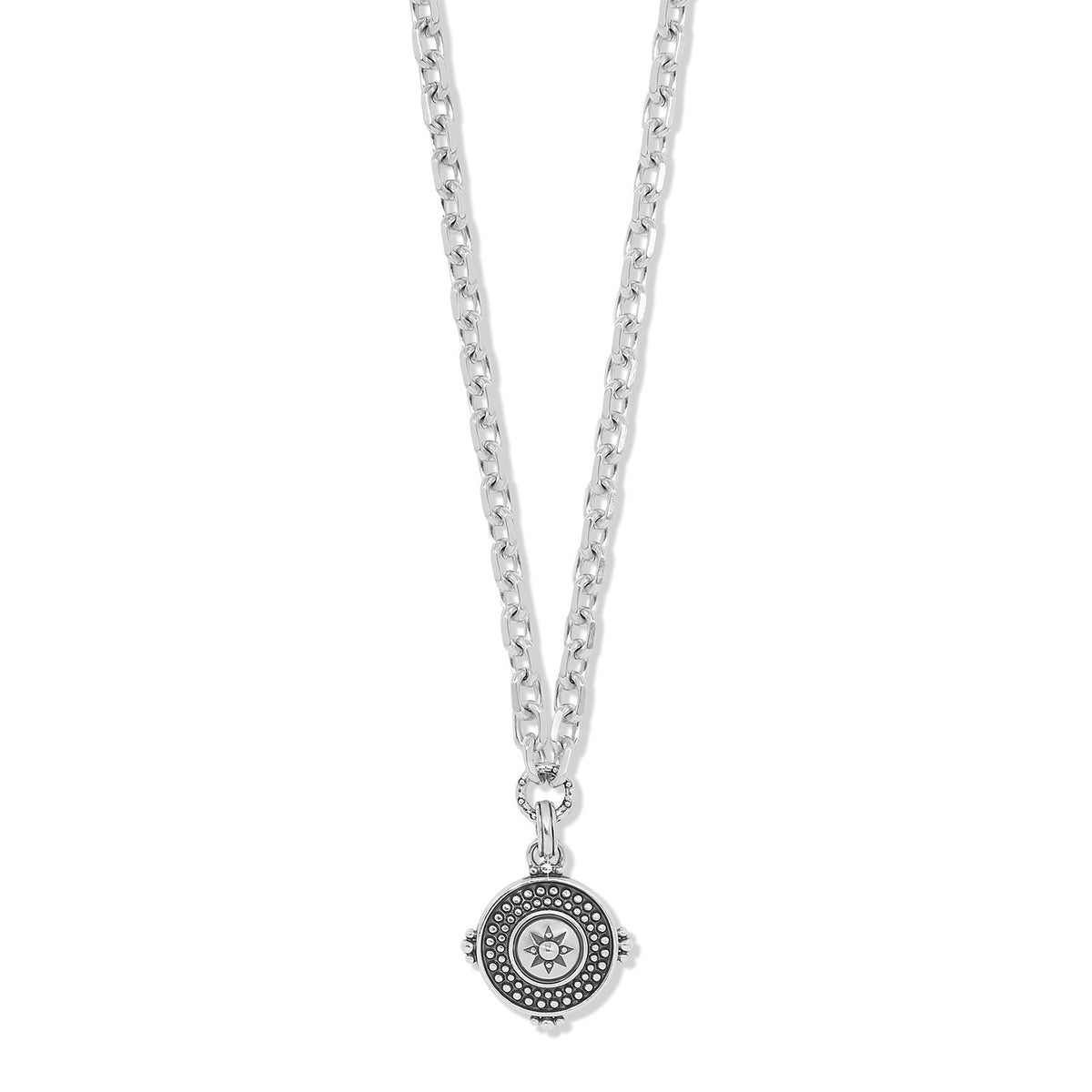Silver plated Mosaic Mojave pendant necklace with a circular sunburst design on a link chain.
