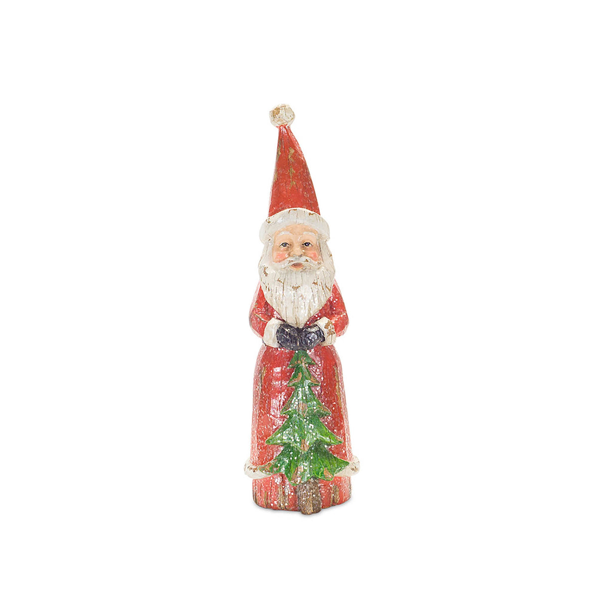 Vintage-style resin Santa figurine in a red coat holding a small green Christmas tree.