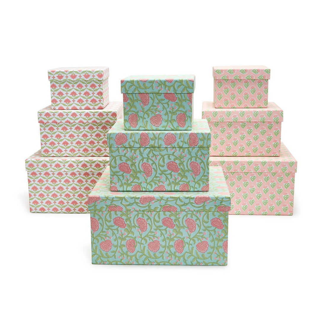Floral Block Print Cotton Paper Nested Boxes