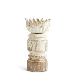 Distressed whitewashed and gold wood candleholder with a scalloped metal cup on top.
