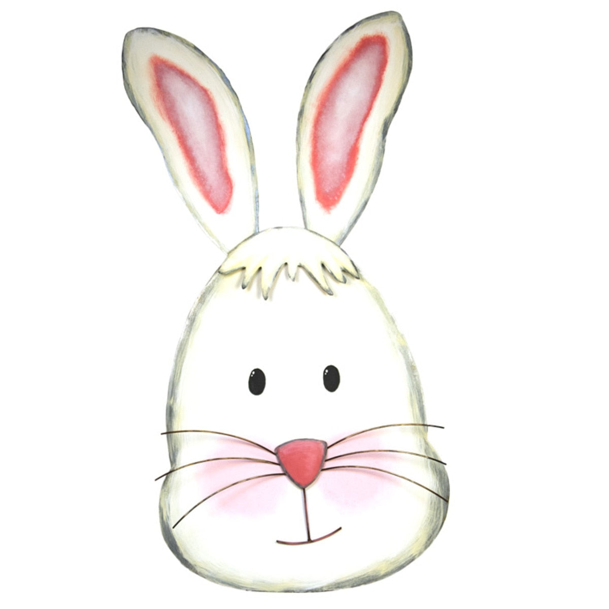Large white rabbit head sculpture with natural wood finish standing on a stake.