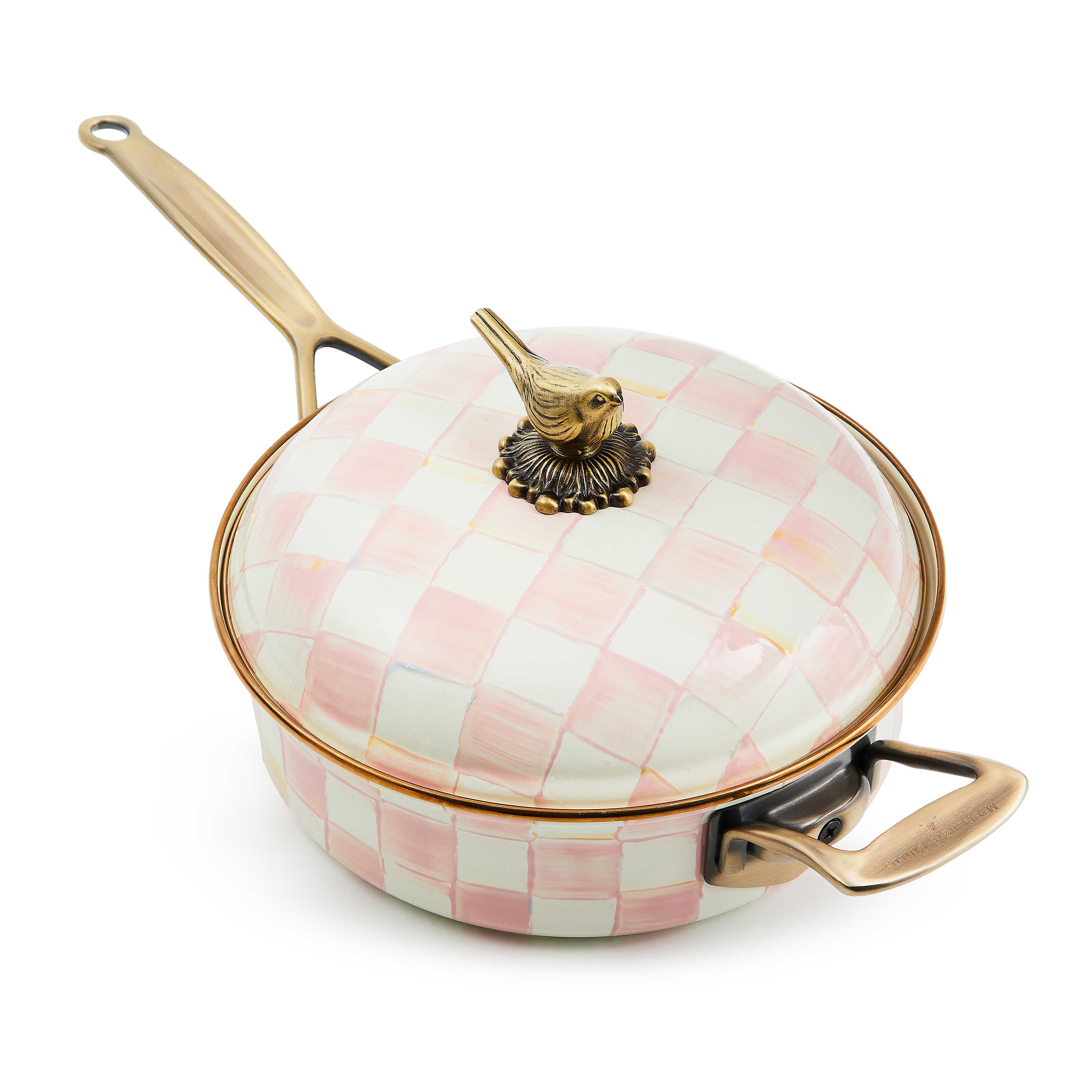 Rosy Check 3 Qt. Saute Pan with pink and white hand-painted checks and a brass bird lid knob.