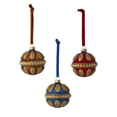 Three 2.5-inch glass regal jewel ball ornaments in brown, blue, and red with gold detailing.