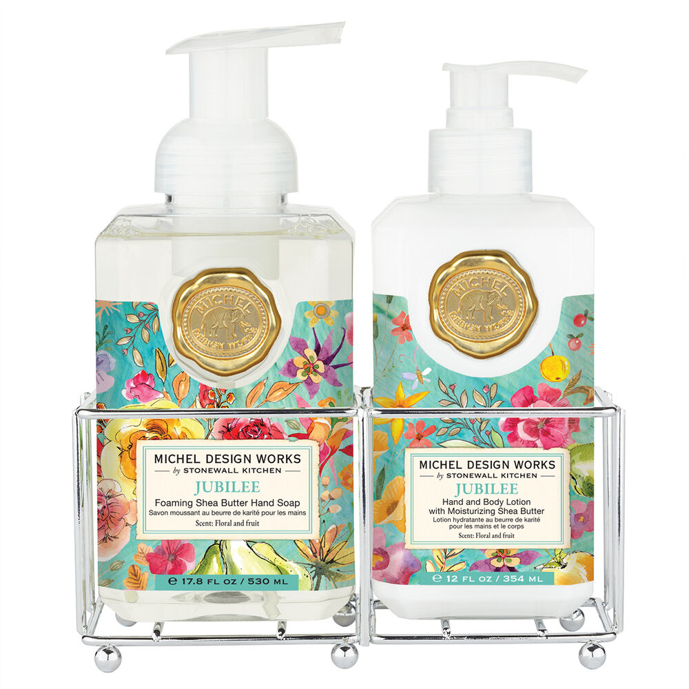 Hand Care Caddy containing foaming hand soap and lotion bottles.