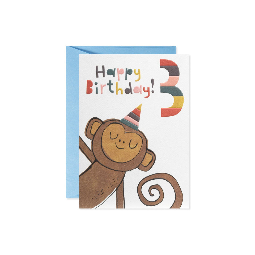 Birthday card with a monkey wearing a party hat and the number 3.