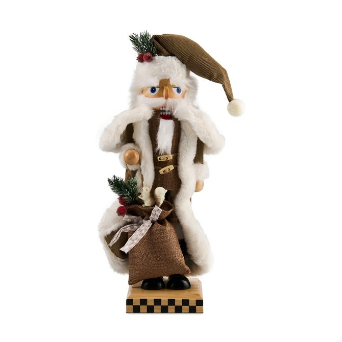 Mocha Check Wood Santa Nutcracker with a brown burlap coat, fur trim, and a sack of gifts.