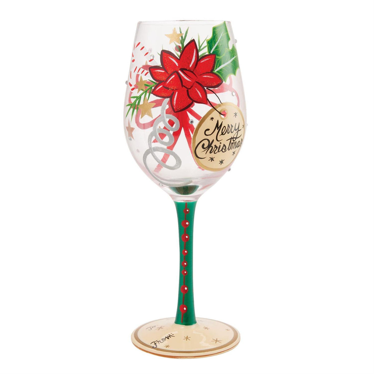 Blown glass wine glass with hand-painted colorful cocktail recipe base and glitter accents.