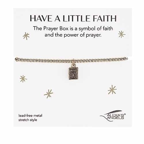 7-inch gold stretch prayer bracelet with a small rectangular charm on a white display card.