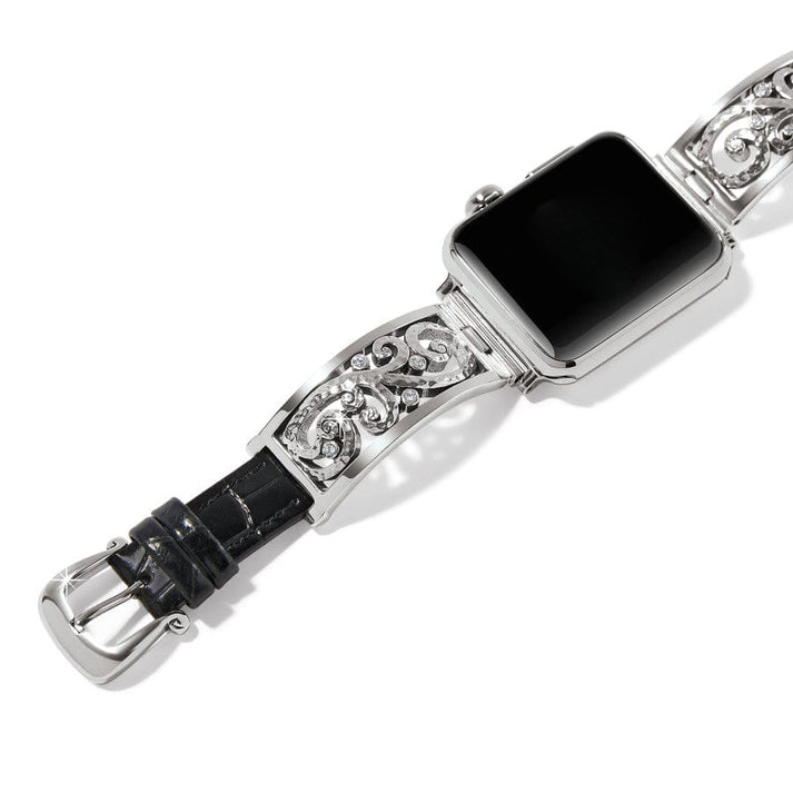 Silver-plated filigree cuff watch band with a black leather strap and buckle closure.