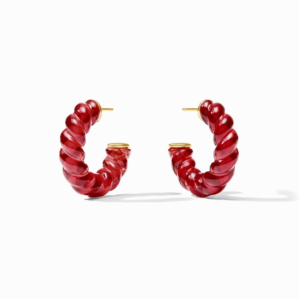 Red twisted resin Ravello Hoop earrings with 24K gold plated accents and posts.