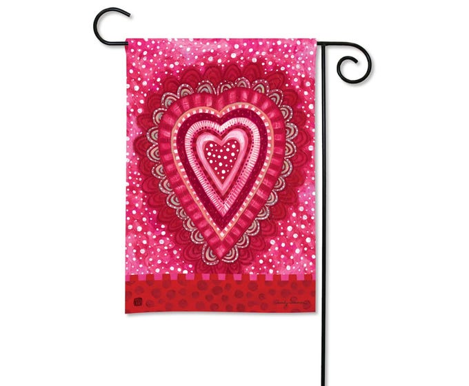 Garden flag featuring a colorful floral pattern on a white background with standard rectangular silhouette.