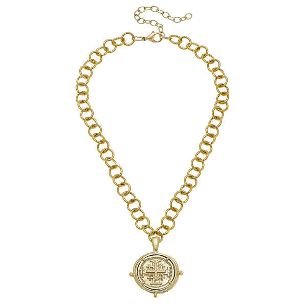 Jerusalem Cross Medallion Necklace with a gold-plated textured link chain and round coin pendant.