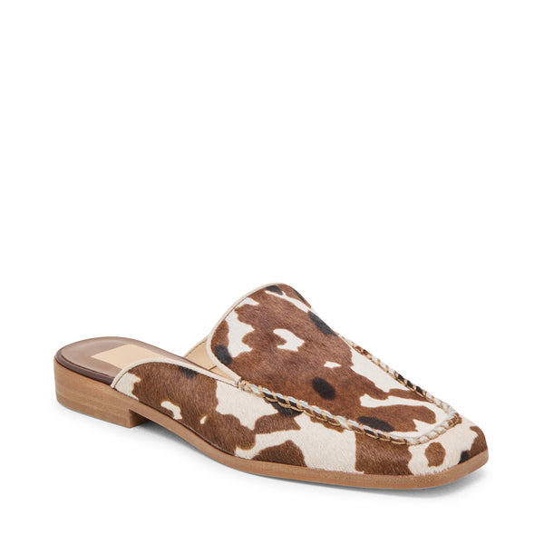Bradly Sandal in cow print calf hair with a square toe and low block heel.