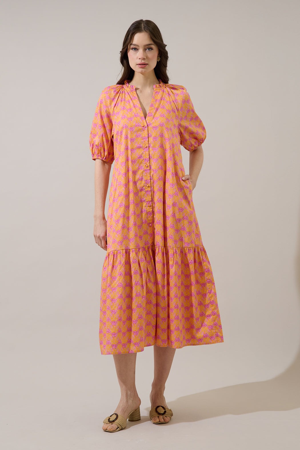 Wynette tiered midi dress in drift floral cotton with pockets and belt