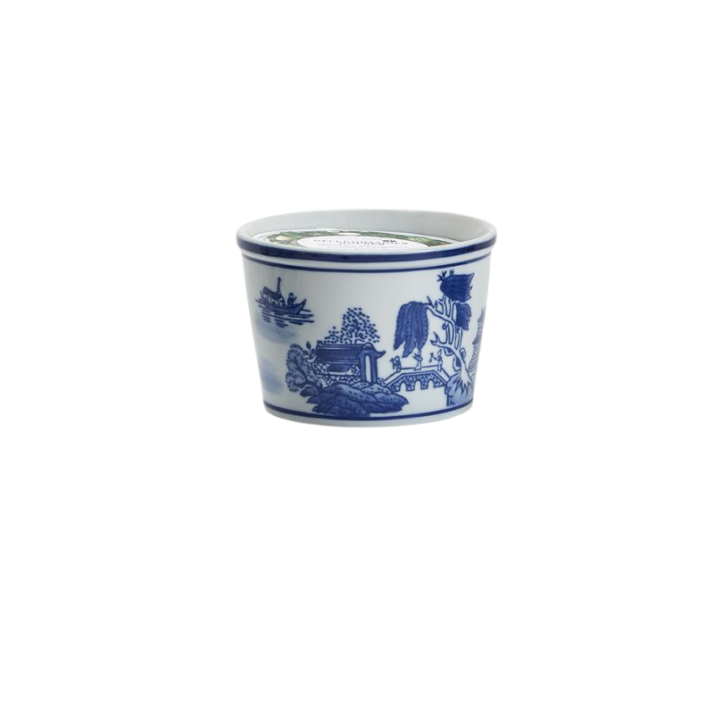White ceramic deli container with blue Chinoiserie landscape pattern and matching lid.