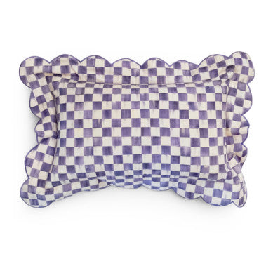 Reversible scalloped lumbar throw pillow in cotton with a check pattern.
