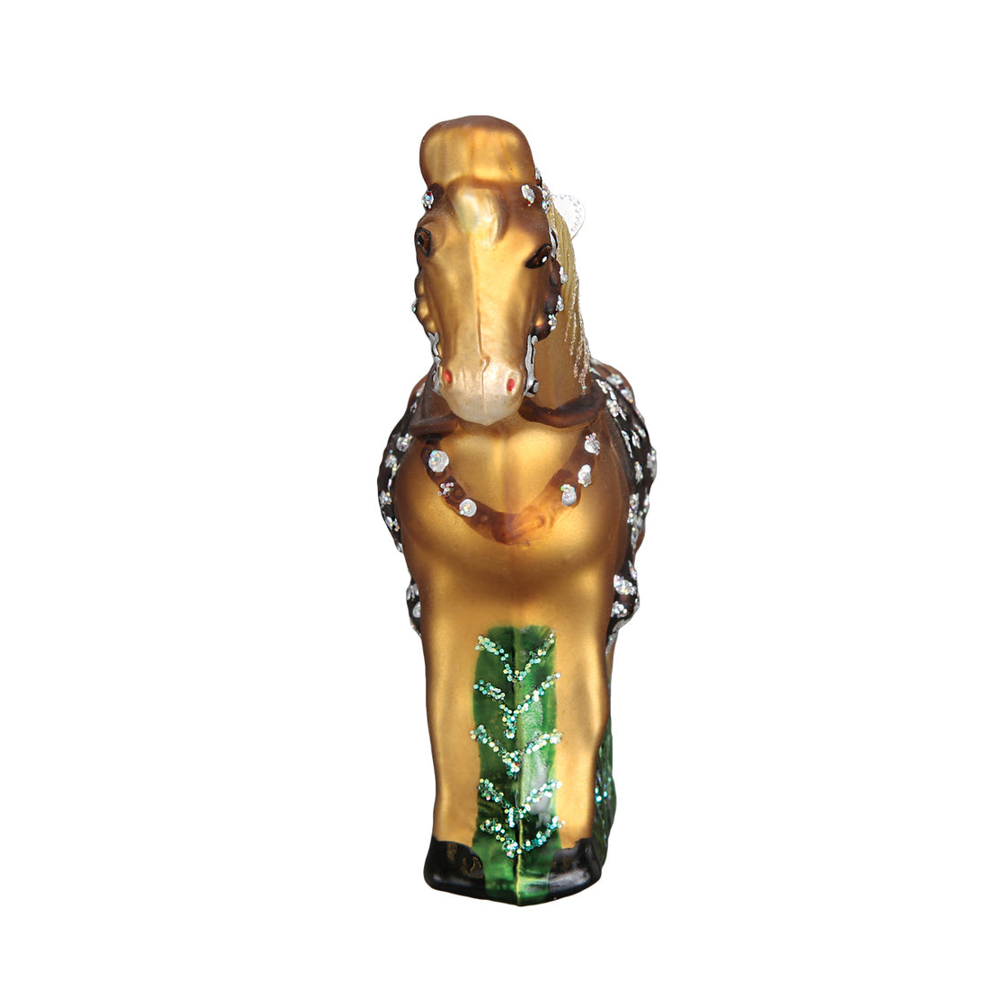 Golden glass western horse ornament with glitter accents and green detailing on the legs.