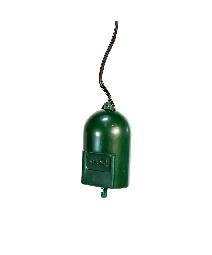 Green USB Twirl-It ornament motor with a dark wire and a small hook at the bottom.